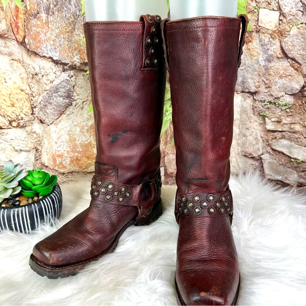 FRYE Heath Disc Harness Distressed Cognac Leather Boots, Beautiful Patina, 6B - Picture 5 of 16